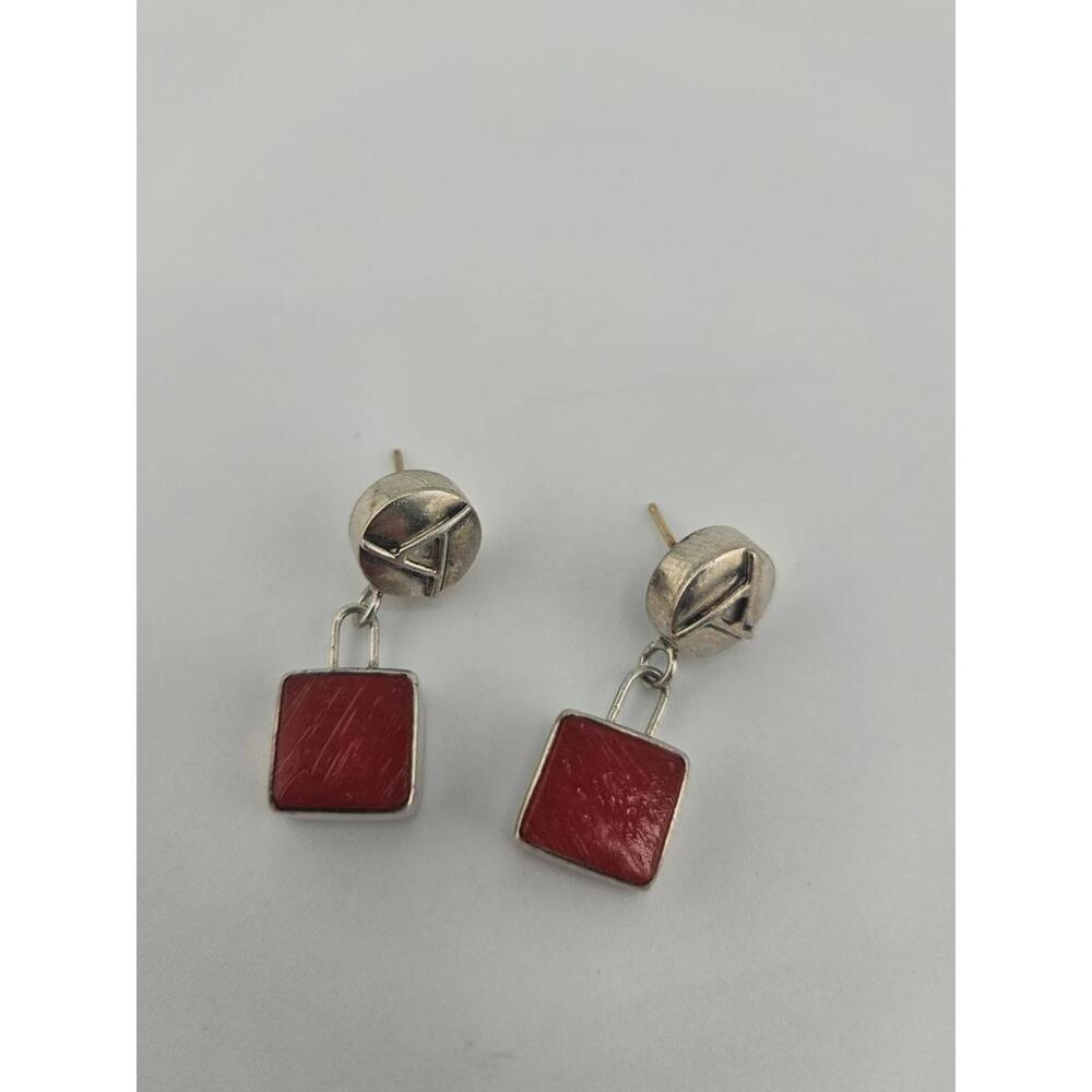 Sterling Silver and red coral or agate stone dangle earrings - Picture 3 of 9